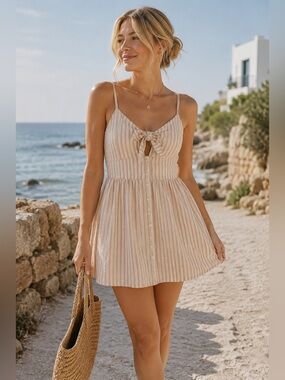 Abercrombie & Fitch Beige Striped Tie Front Mini Coastal Dress | Size M Tall